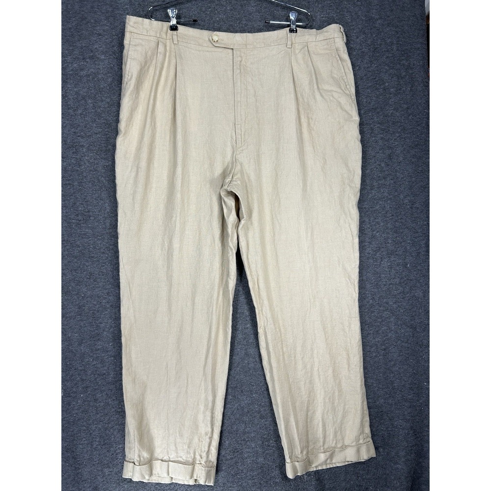 Vintage Berle Pants Mens 42x30 Beige 100% Linen Pleated Cuffed Dress 90s